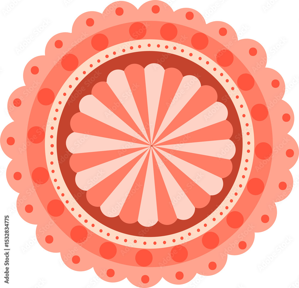 Naklejka premium Mandala-style pattern is showing pink coral scallops with dotted rings on transparent background
