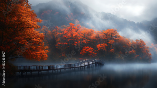 A scenic view of a wooden bridge over a misty lake with autumn foliage and distant mountains in the background