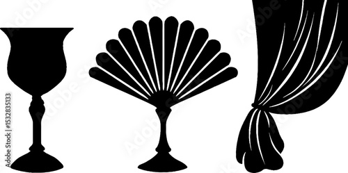 Art deco elements: cocktail glass, fan, curtains for elegant event design