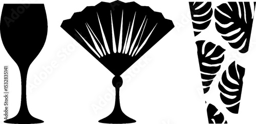 Art deco cocktail glass set with fan and leaf patterns for elegant event design
