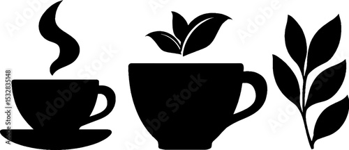 Stylish coffee set with steam swirl and coffee bean motif for design projects
