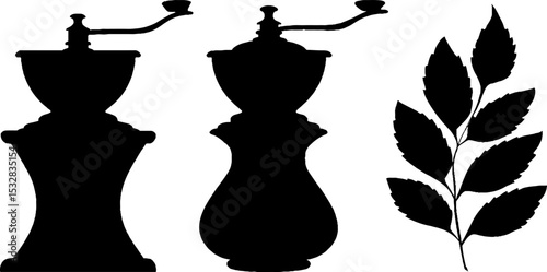 Vintage coffee grinder silhouettes with coffee leaf motif for design inspiration