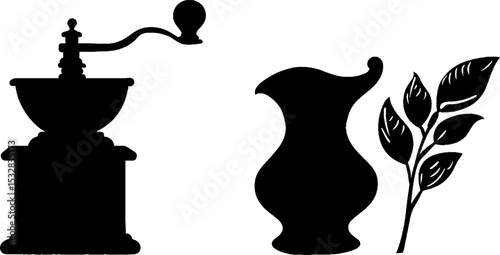Vintage coffee grinder and nature-inspired silhouettes for design