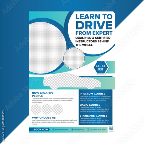 Learn to drive with certified instructors using this modern car driving school flyer template for professional driving lessons, courses, and traffic safety promotions
