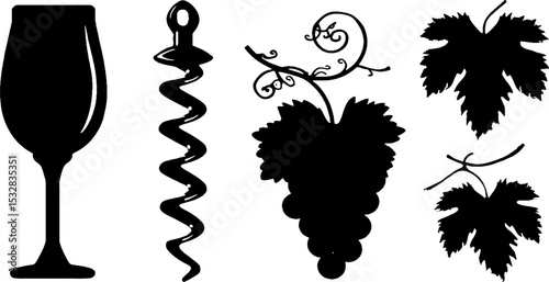Wine enthusiast's essentials: corkscrew, glass, grapes, and vine leaves silhouettes for creative design