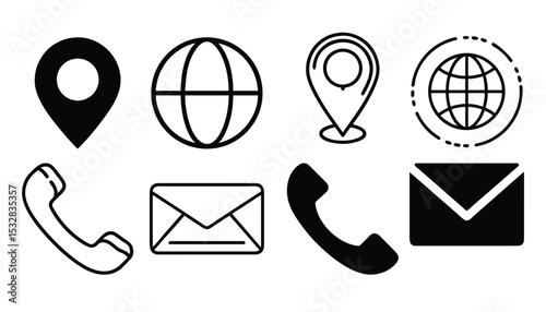 Black and white contact information icons representing location, communication and global reach