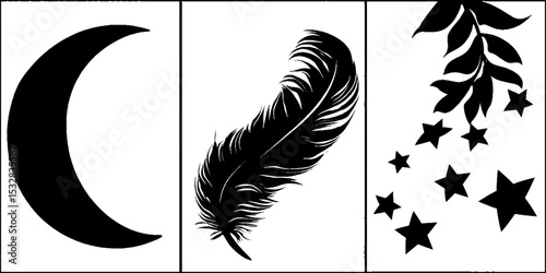 Mystical crescent moon with feather and starry vine arc design for celestial art