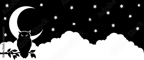 Nocturnal scene with owl silhouette, crescent moon, and starry sky for night-themed designs