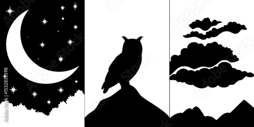 Enchanted night sky with crescent moon, owl silhouette, and starry patterns