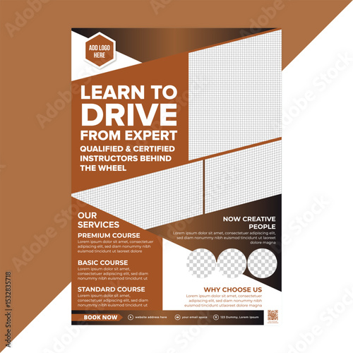 Elegant driving flyer for promotion of premium and basic car lessons in structured course offerings by licensed schools