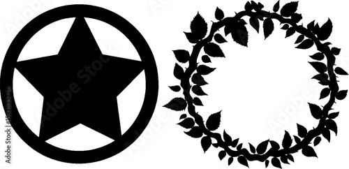 Mystical symbol silhouettes featuring pentacle and leafy circle for magic and design projects