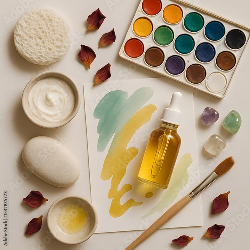 Spa Flat Lay with Skincare Products Watercolor Paints Crystals and Dried Petals for Creative Wellness Theme