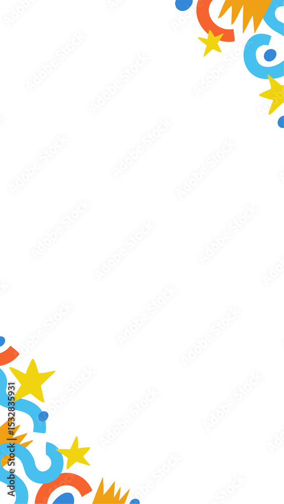 Fototapeta premium Corner flat decor is combining stars, ribbons, bursts, round accents on clear backdrop, copy space