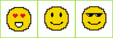 Three pixel emoticons are displaying heart-eyes smile sunglasses on transparent layer, copy space