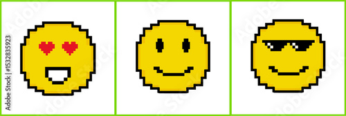 Three pixel emoticons are displaying heart-eyes smile sunglasses on transparent layer, copy space