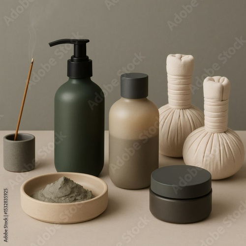 Gender-Neutral Spa Essentials with Herbal Compress Clay Mask and Incense in Minimalist Green and Beige Tones