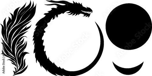 Dragon silhouette with flame swirl and star elements for design