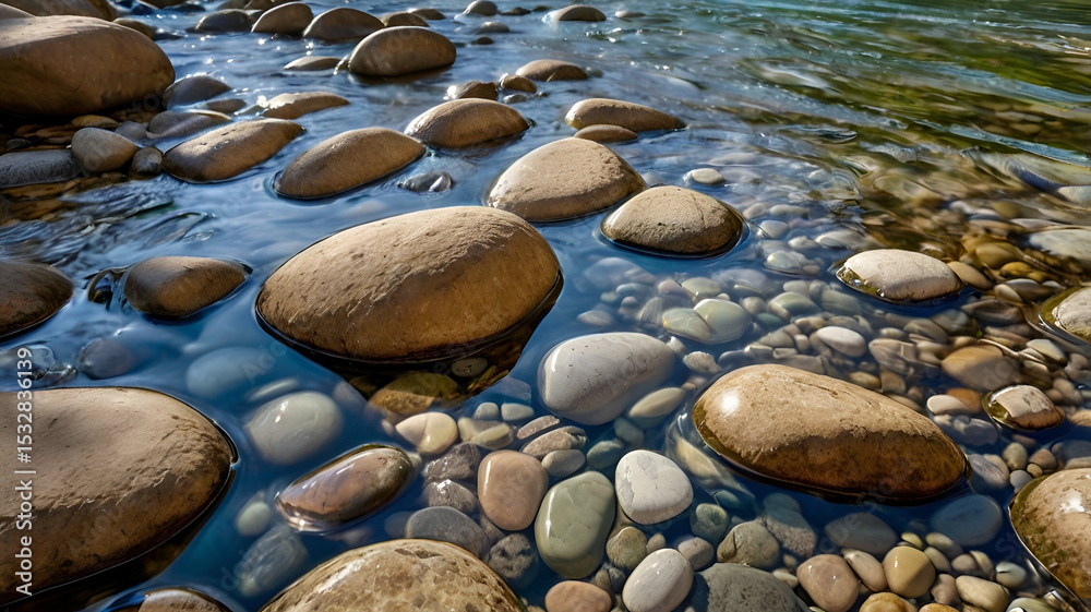 Obraz premium A serene Japanese-style garden pool with shallow, motionless water revealing neatly arranged light-grey and white pebbles below, with reflections of bamboo above