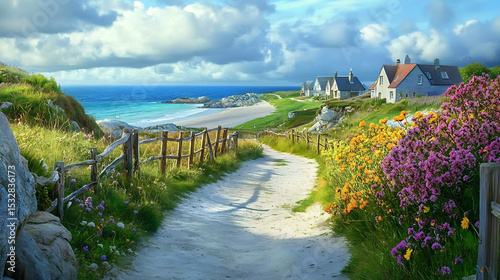 A scenic coastal path leading to a beach with houses and vibrant flowers under a cloudy sky view