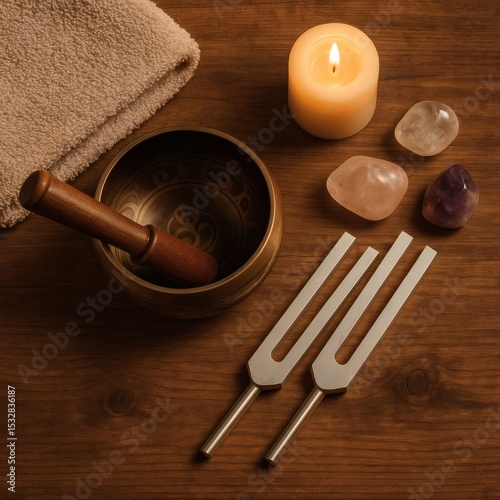 Sound Healing Setup with Tibetan Singing Bowl Tuning Forks Crystals and Candle for Meditation and Wellness