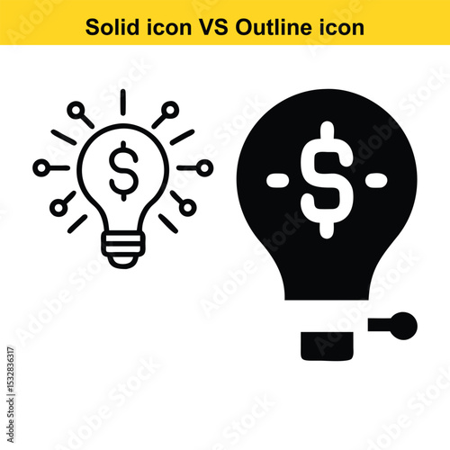 Financial idea representation with solid and outline icons of light bulbs and dollar symbols