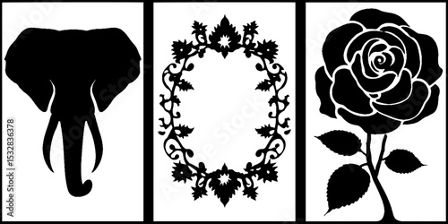 Artistic trio: elephant silhouette, mandala floral frame, and elegant rose design