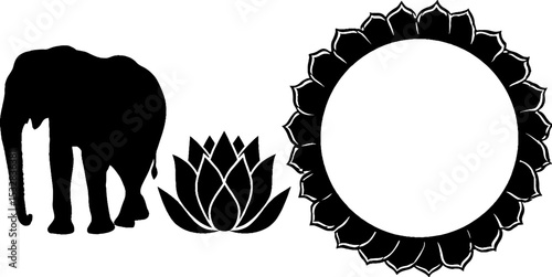 Elephant silhouette with mandala ring and lotus design for creative decor