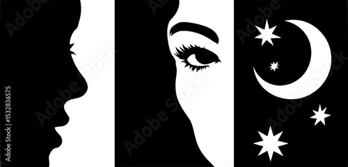 Abstract face fragments with moon and stars on black and white background