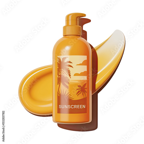 Sunscreen bottle with pump and tropical design with a smear of lotion on a transparent background