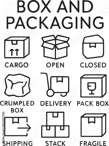 Box and packaging line icon set. Cargo, open, closed, crumpled box, delivery, pack box and others. Outline vector icon in linear style. Conceptual pictogram collection