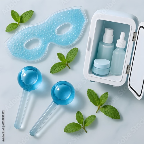 Cold Therapy Spa Kit with Ice Globes Gel Eye Mask Mint and Skincare Bottles on Marble Background
