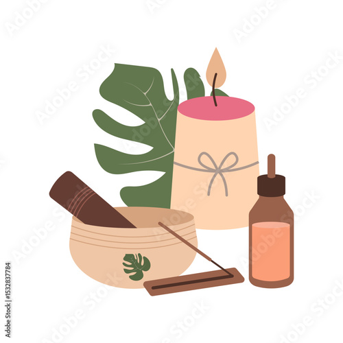 Serene vector composition of meditation tools:aroma oil bottles, singing bowl, candles,  lush tropical plants. Illustration for banners, social media