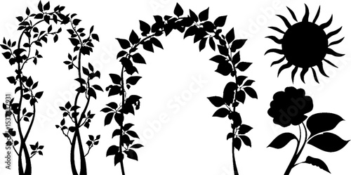 Silhouette set of garden arches with vines and blossoms for floral design