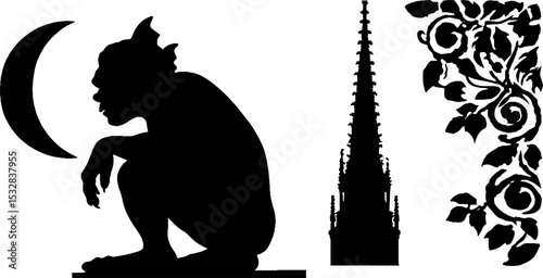 Gothic gargoyle and spire silhouettes with ornate leaf design for artistic and architectural inspiration
