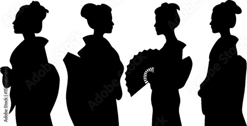Traditional geisha silhouettes with folding fans in elegant kimono attire for cultural design