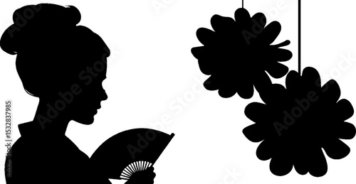 Traditional geisha silhouette with folding fan and kimono elements