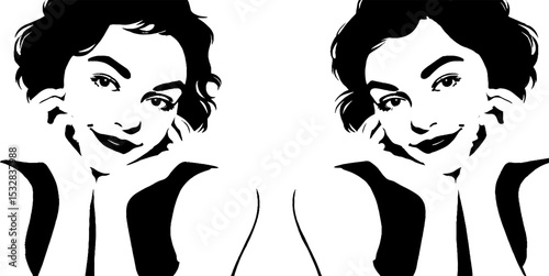 Set of expressive facial silhouettes with genuine smiles