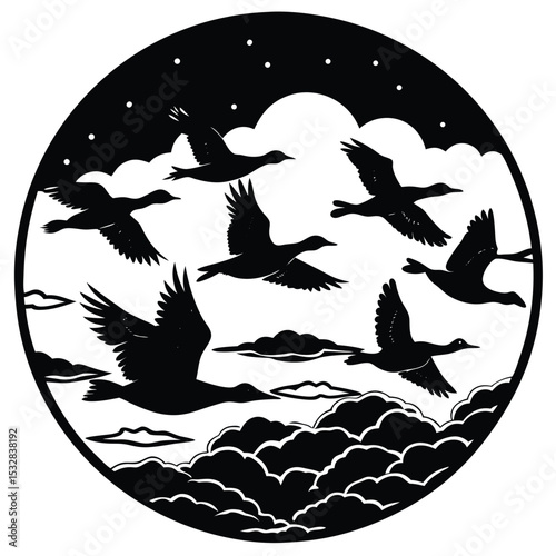 Silhouette Symphony: A Flock's Flight Through Night Sky and Clouds, An Emblem of Nature's Poetic Dance, a Minimalist Depiction of Freedom and Serenity Under the Stars
