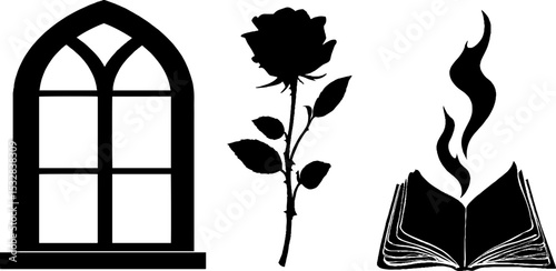 Gothic window frame, enigmatic book of shadows, and mystical rose silhouette for dark fantasy design