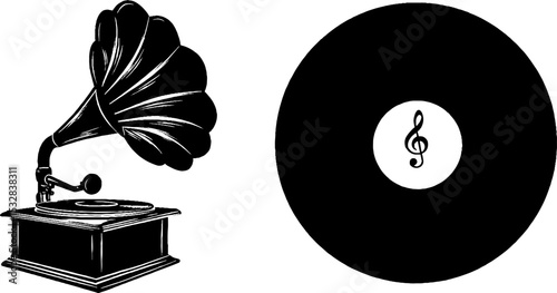 Retro music elements with gramophone horn and vinyl record design
