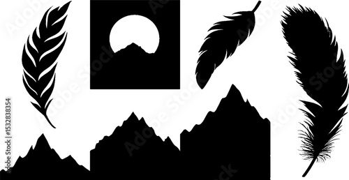 Majestic griffin silhouettes and mountain peaks with feathers for design and decoration