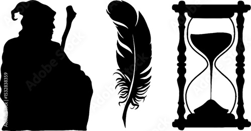 Grim reaper silhouette with feather and hourglass for design