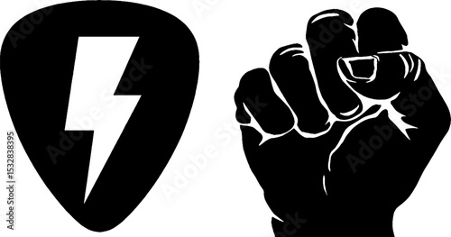 Rock music symbols featuring guitar pick, amp knob, and clenched hand design for posters and music themes