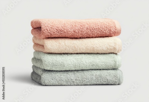 A neat stack of four fluffy bath towels in soft pastel shades of dusty rose, cream, mint green, and gray