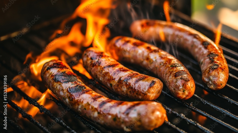 Fototapeta premium A vibrant image of sausages arranged on a barbecue grill, with flames licking the edges and a smoky atmosphere that captures the essence of outdoor cooking.