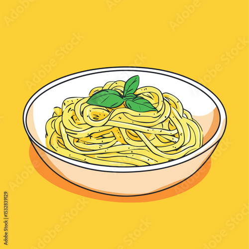 Delicious Pasta Dish with Fresh Basil Served in a White Bowl