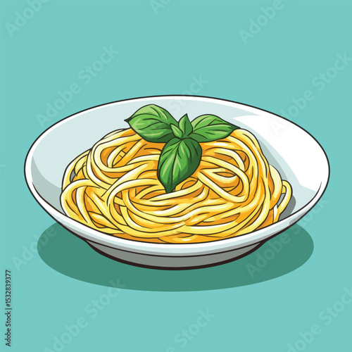 Delicious Spaghetti Pasta Dish with Fresh Basil Garnish in a White Bowl