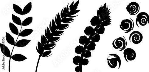 Set of hemp leaf, stalk, swirl, and seed cluster design elements