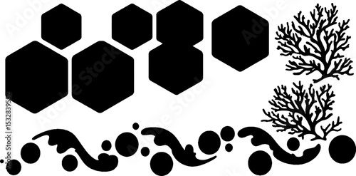 Abstract hexagonal patterns and coral silhouettes for design elements