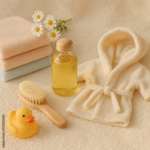 Baby Bath Time Essentials with Soft Towels Oil Brush Rubber Duck and Tiny Robe on Cozy Background for Infant Care and Wellness Concepts